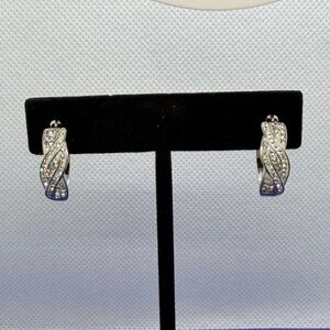 Crystal Studded Silver Tone Small Hoop Earrings Twisted Design